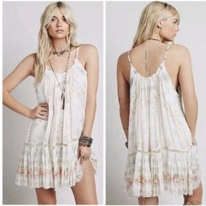 Free People One Blossom Slip Dress Sz Xs Hand painted Floral Print Gauzy Boho